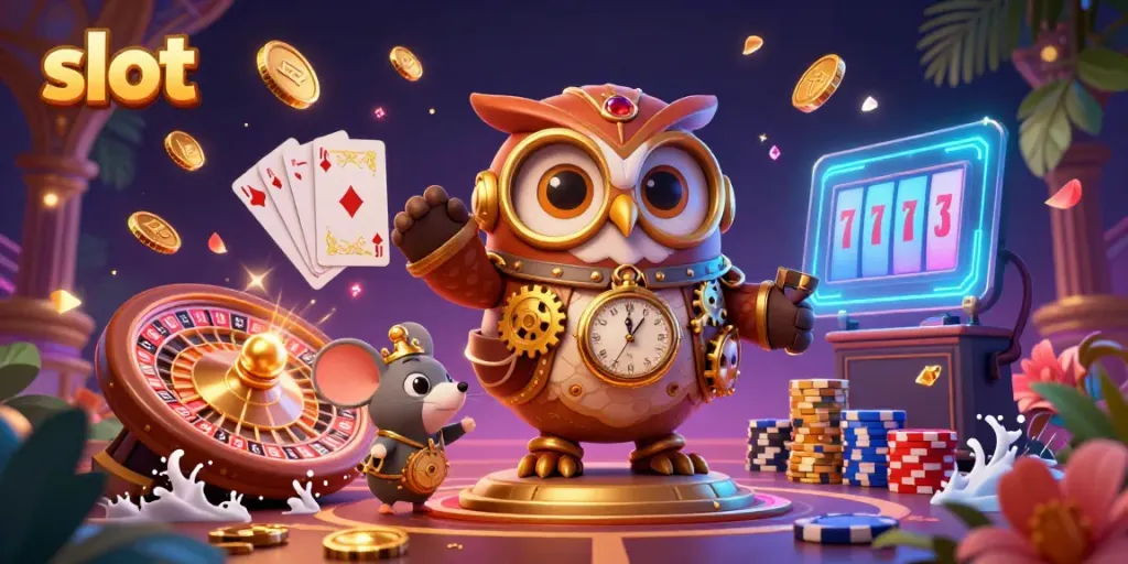 Win big with the slot games as the time-traveler owl navigates a vibrant steampunk casino.