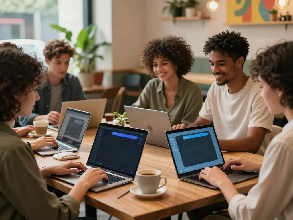 Engaging with juicy ai characters in a cozy cafe setting with diverse users and technology.