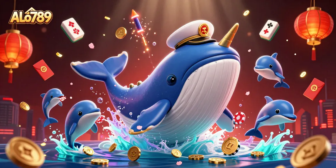 Engage with ALo789's thrilling casino action featuring a whale, narwhal, and dolphins amidst vibrant gaming elements.