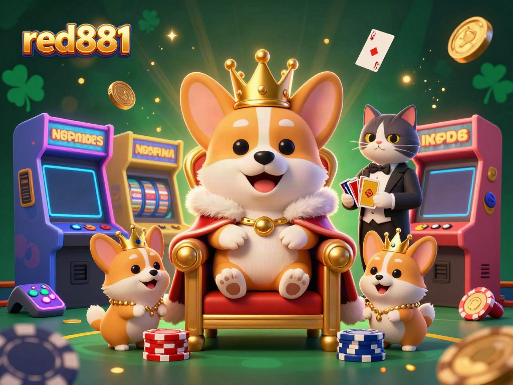 Engage in thrilling gameplay at red881 with a royal corgi and vibrant casino elements around.