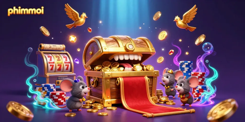 Win big with phimmoi in this vibrant illustration of casino riches and dynamic game elements.
