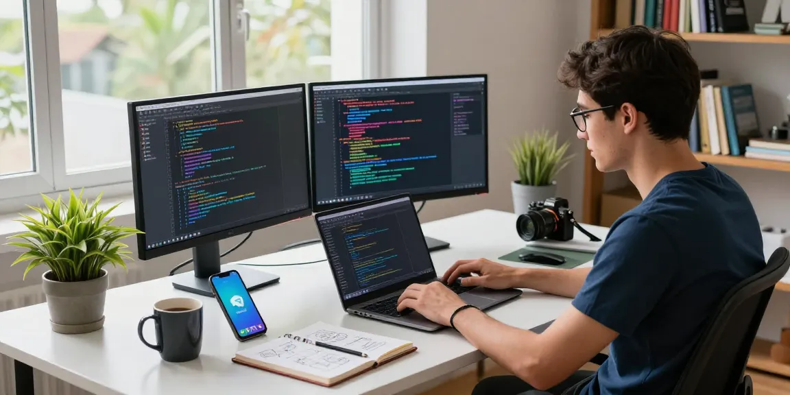 Download Telegram in a modern tech workspace with coding, coffee, and plants.