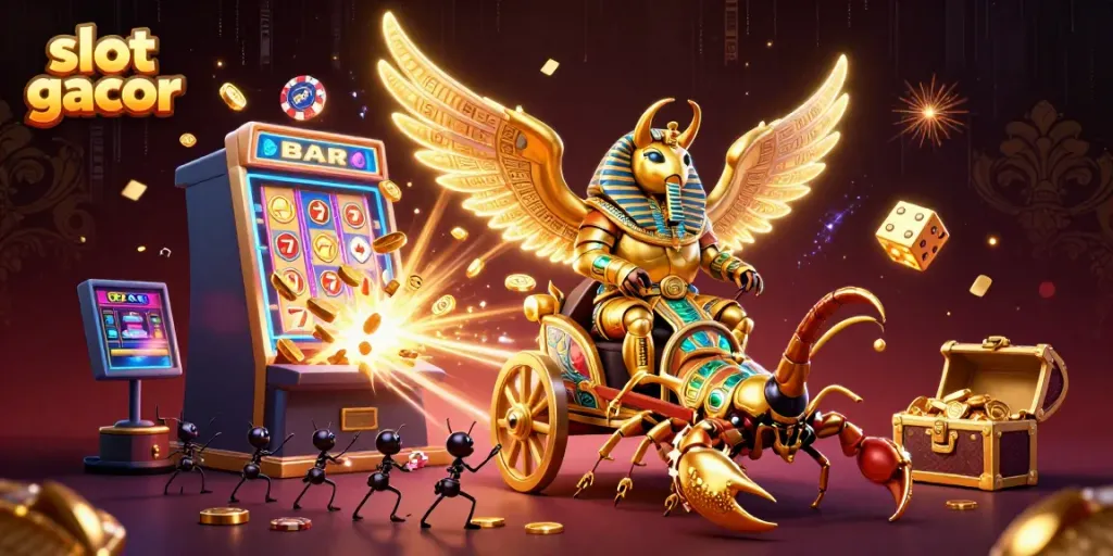 Engage with slot gacor in an immersive 3D scene featuring a golden scarab and dynamic slot machine bursts.