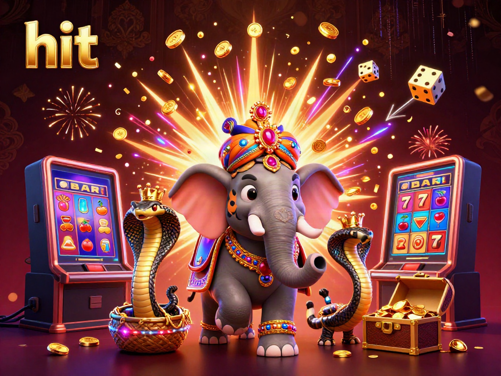 Experience a hit of excitement with this stunning 3D casino scene, featuring a royal tiger, elephant, and jackpot thrills.