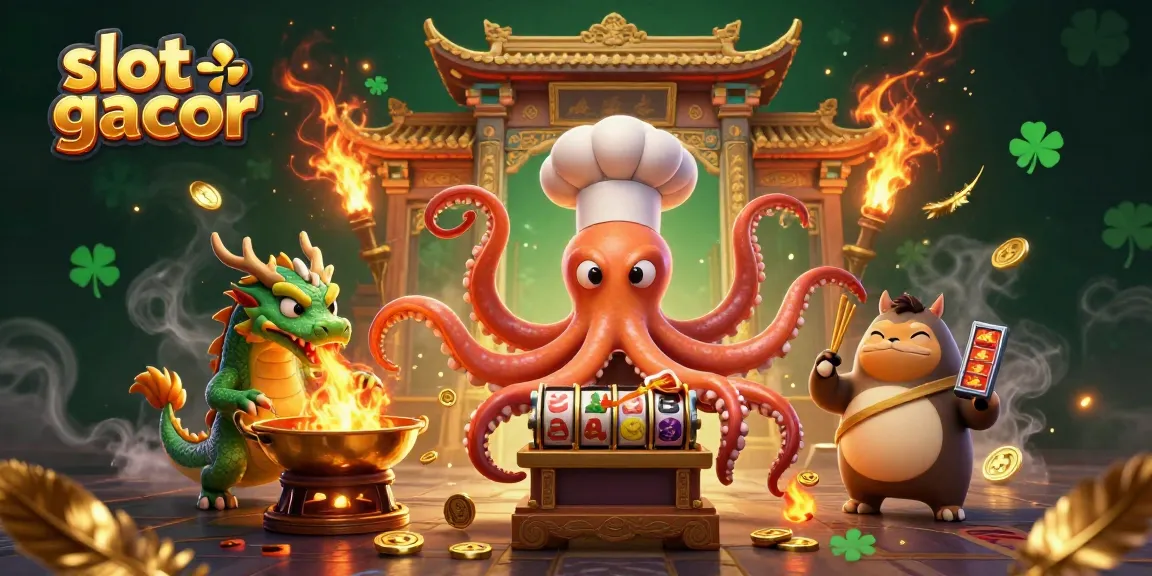 Engage in vibrant slot gacor action with a cartoon octopus and dragon in a lively casino scene.