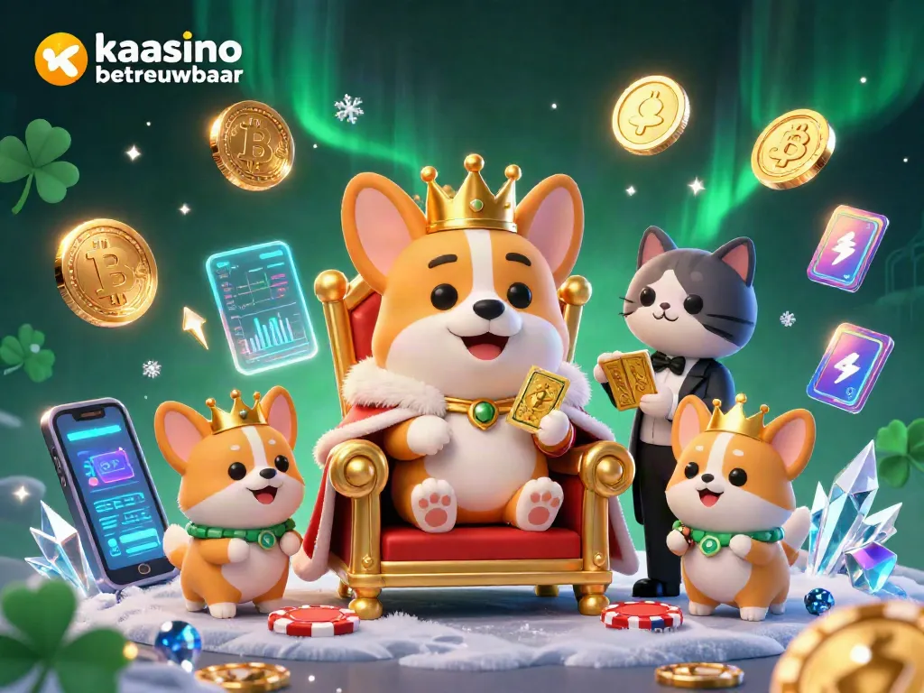 Kaasino betrouwbaar shows a royal corgi on a throne of poker chips, presenting an impressive gaming atmosphere.