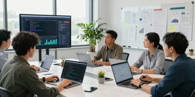 Agency professionals utilizing GEO software for agencies in a collaborative workspace.