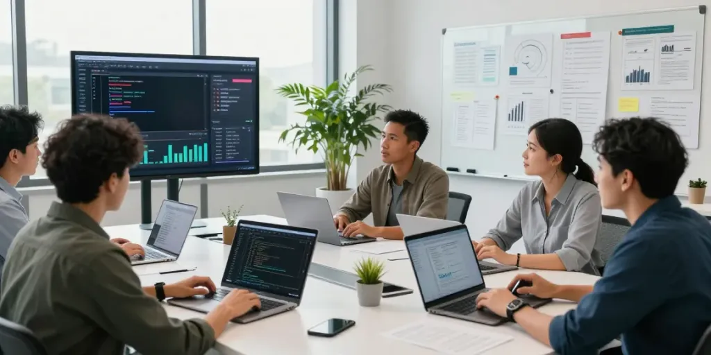 Agency professionals utilizing GEO software for agencies in a collaborative workspace.