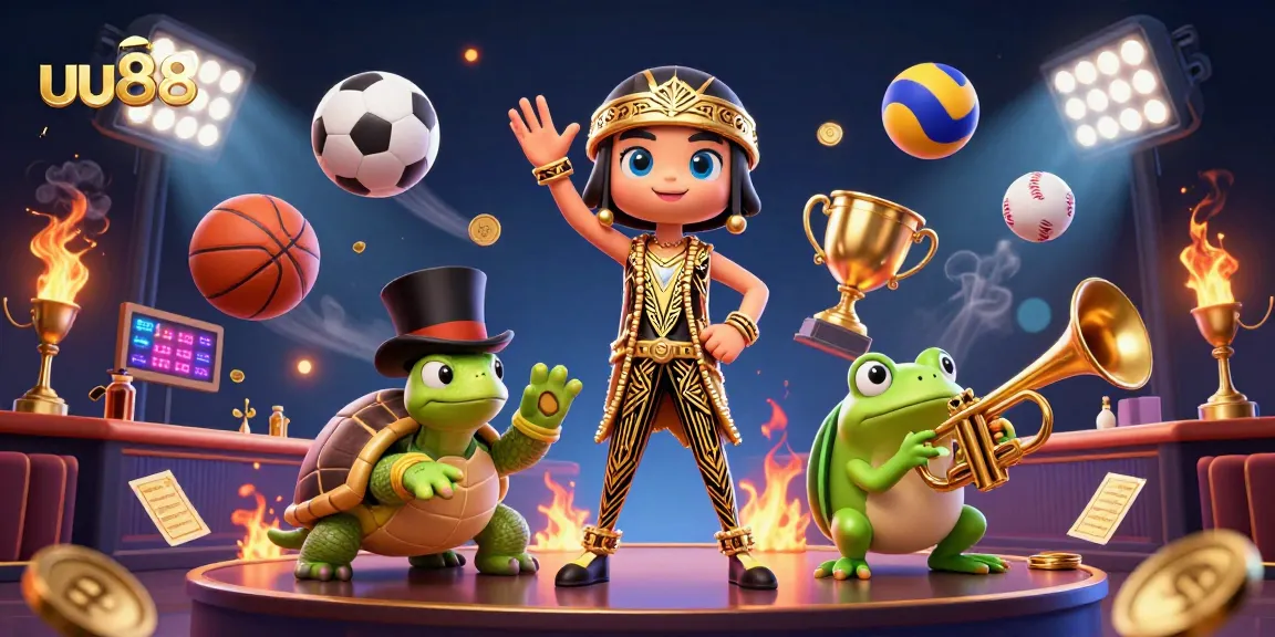 Experience dynamic sports betting action at uu88 with cartoon characters amidst vibrant elements.