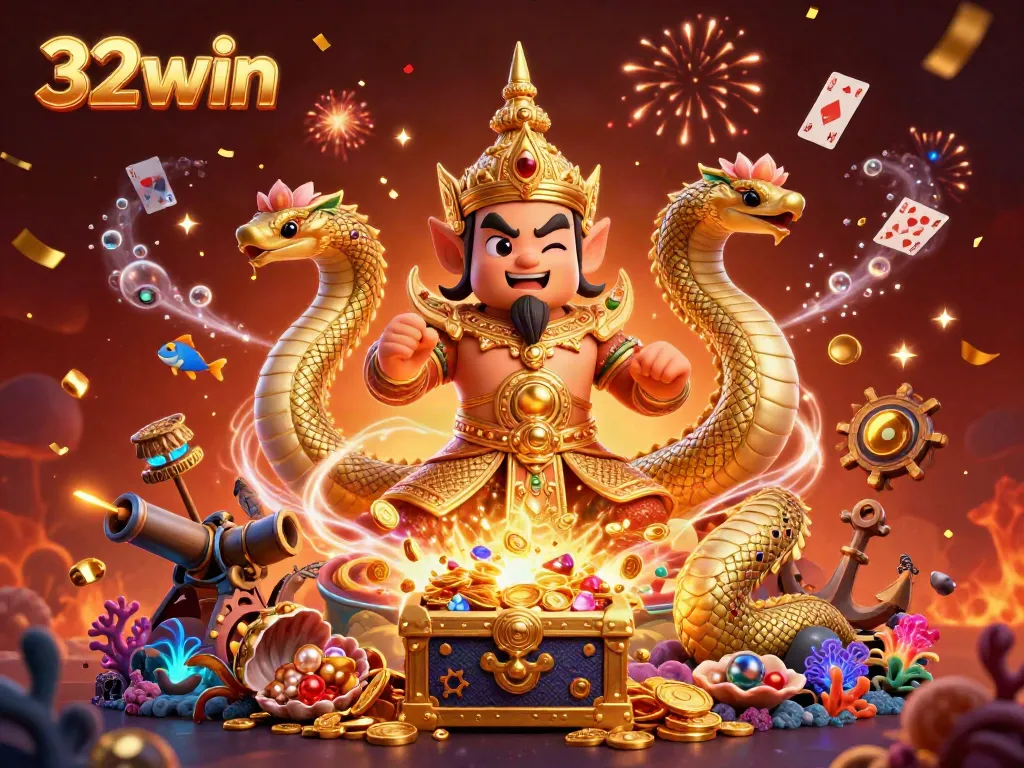 Experience the thrill of 32win with dynamic casino elements and vibrant characters in this digital art.