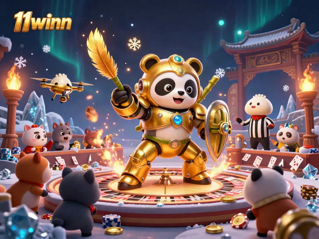 Experience thrilling action at 11winn casino with a golden panda and vibrant gaming elements.