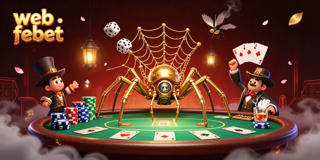 Engage in thrilling games at web febet, showcasing steampunk elements and poker action.