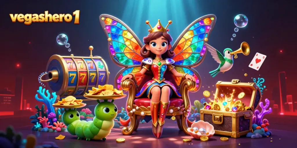 Experience the vibrant action of vegashero 1 with spinning slot reels and colorful gems in this dynamic illustration.