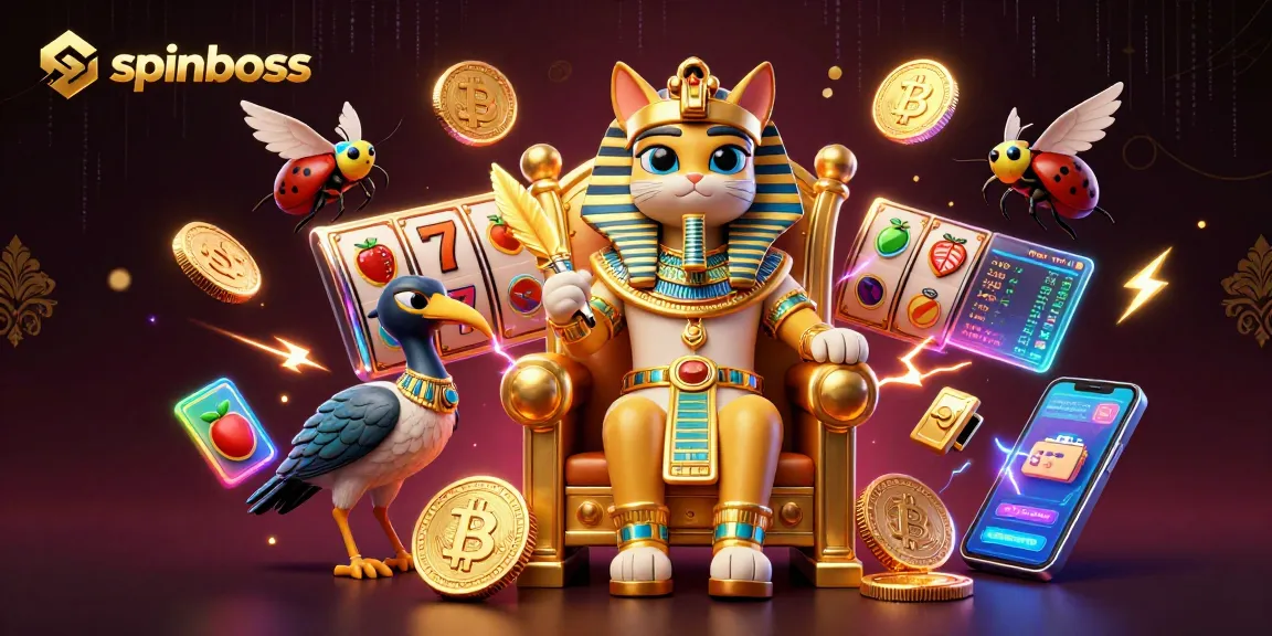 SpinBoss captures excitement with 3D Egyptian cat, jackpots, and digital currencies.