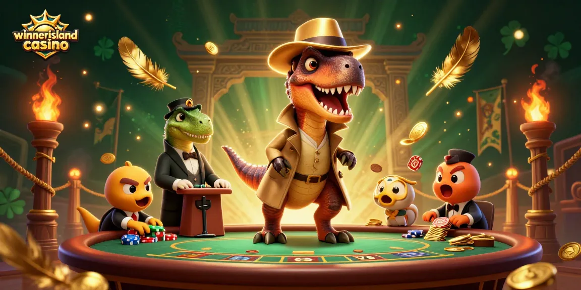 Experience the thrill of winnerislandcasino with a cartoon velociraptor at a blackjack table.
