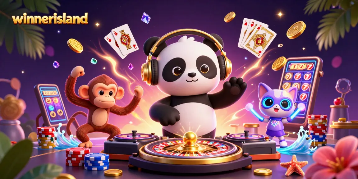 winnerisland casino illustration featuring a DJ panda entertaining with casino games and vibrant colors